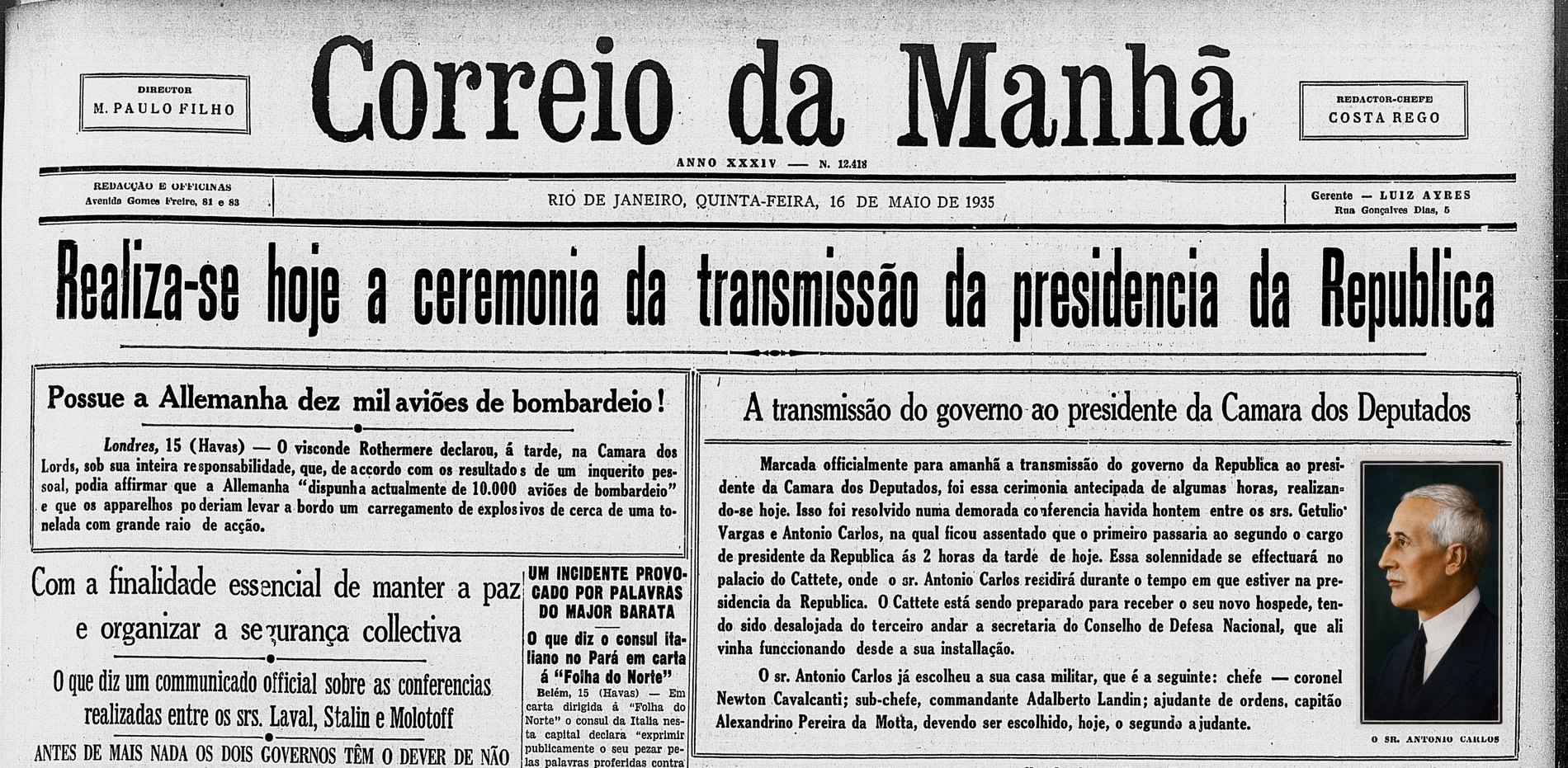 Correio da Manhã, 16 de maio de 1935, sobre a transmissão da presidência da República